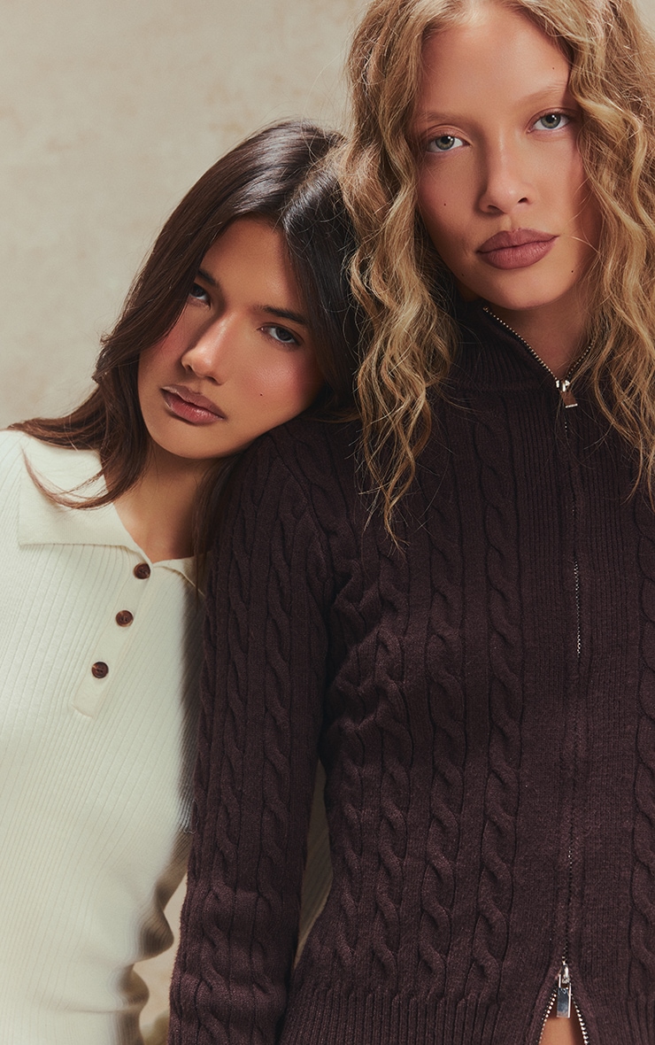 Chocolate Cable Knit Long Sleeve Zip Up Sweater image 5