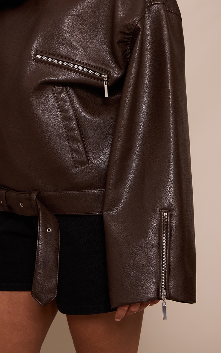 Plus Brown Faux Leather Oversized Biker Jacket image 4