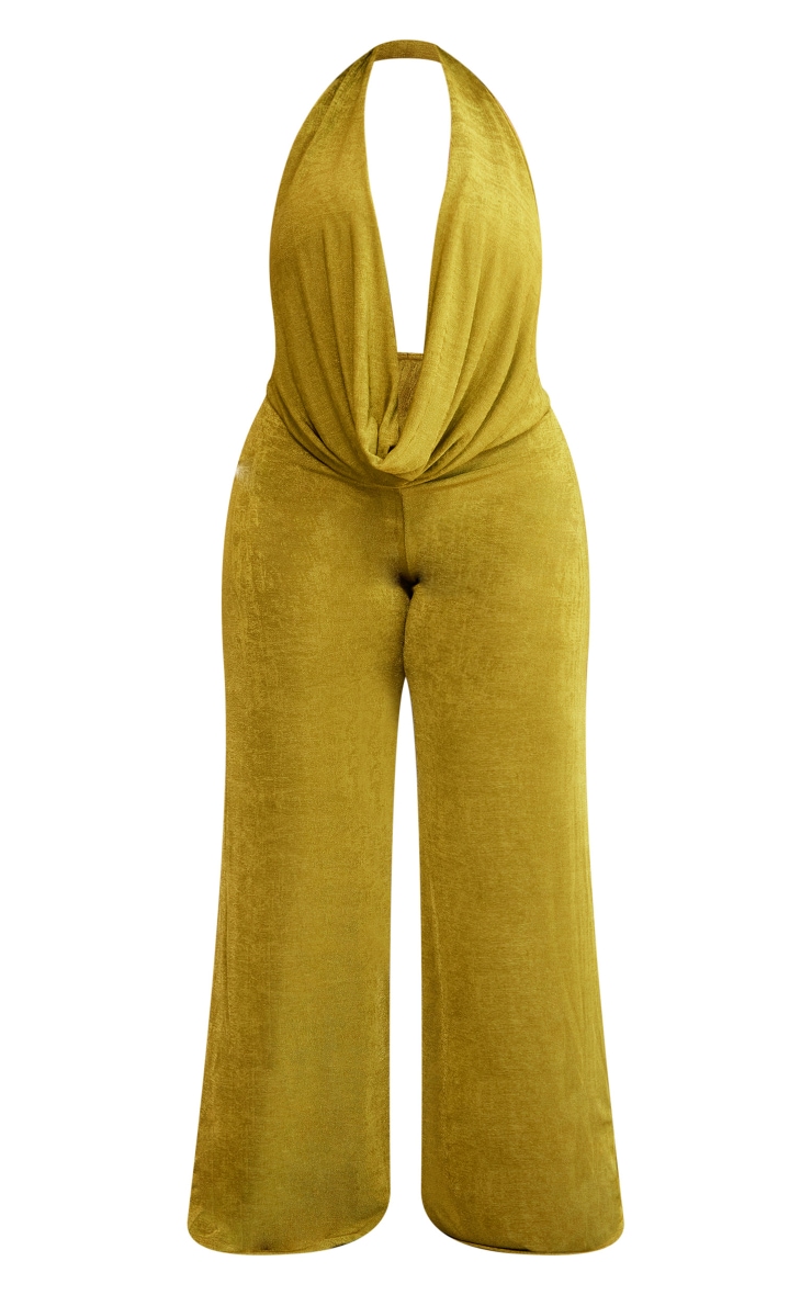 Plus Olive Acetate Slinky Plunge Jumpsuit