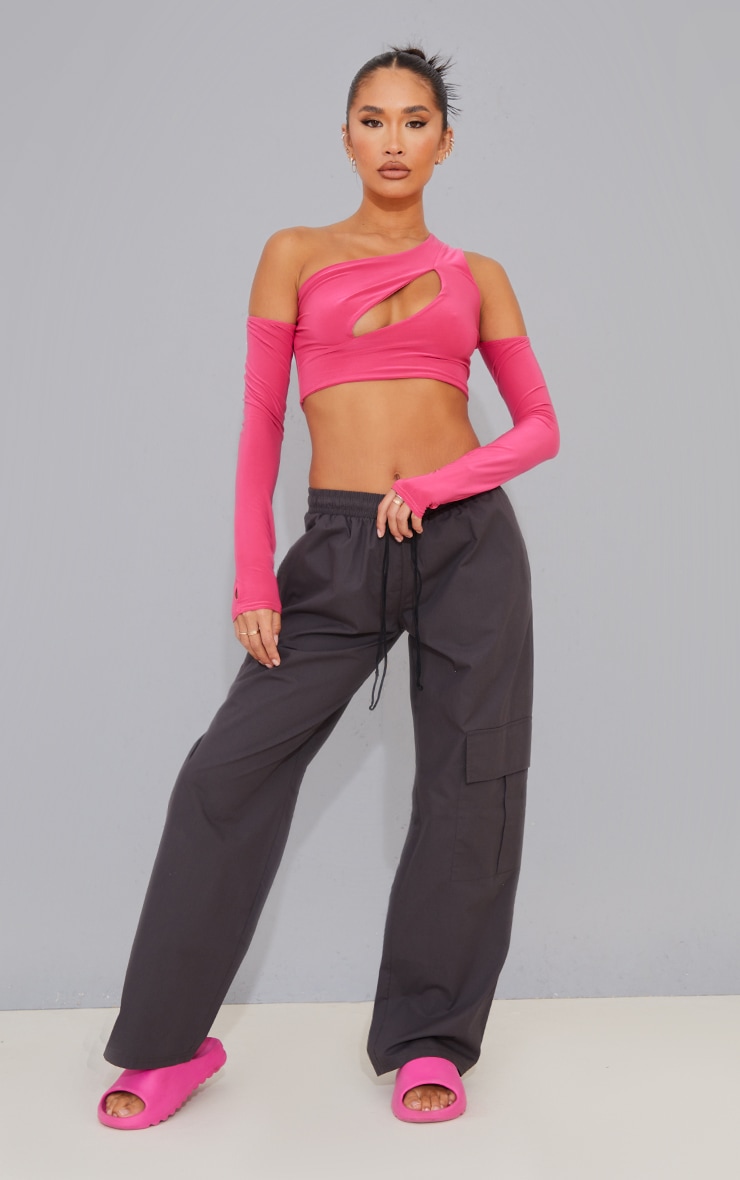 Bright Pink Slinky Bardot Thumb Hole Cut Cut Out Crop Top image 1