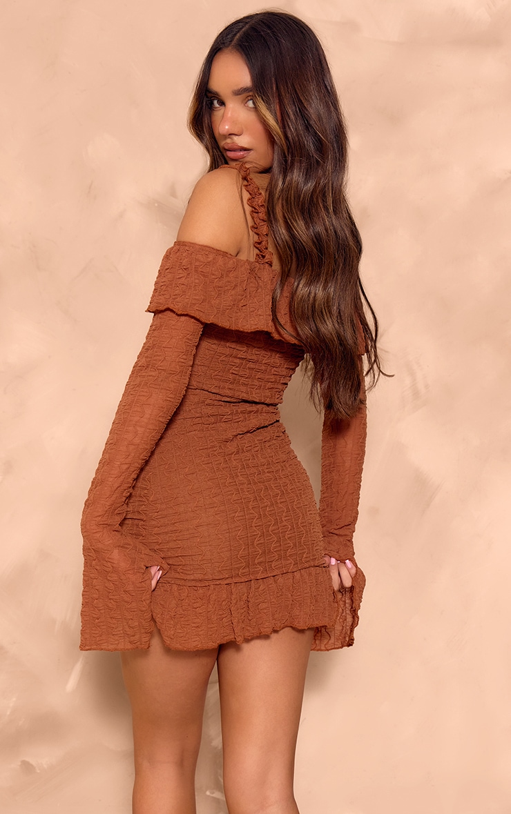 Chocolate Textured Bardot Frill Hem Bodycon Dress image 2