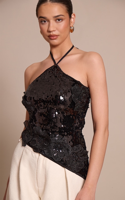 Black Sequin Flower Detail Asymmetric Top
