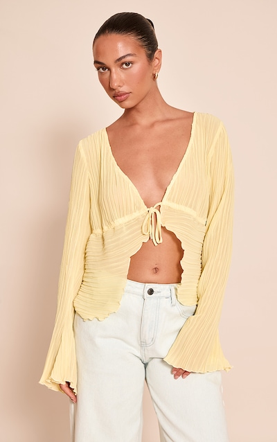 Lemon Sheer Plisse Tie Front Flute Sleeve Blouse