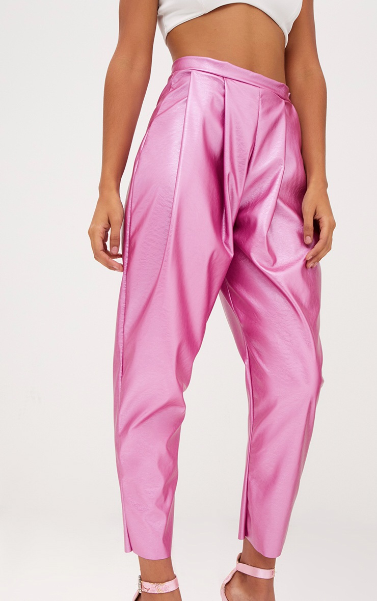 Metalic Pink Faux Leather Peg Trousers PrettyLittleThing