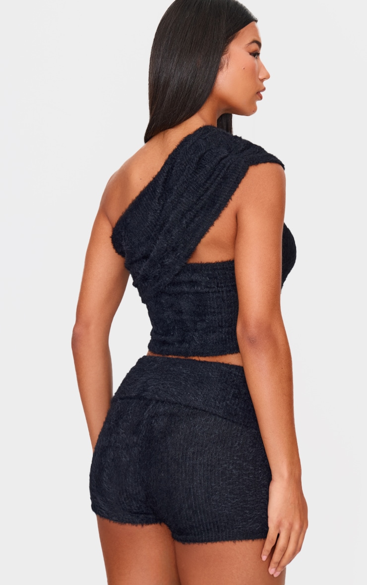 Black Fluffy Textured One Shoulder Top image 2