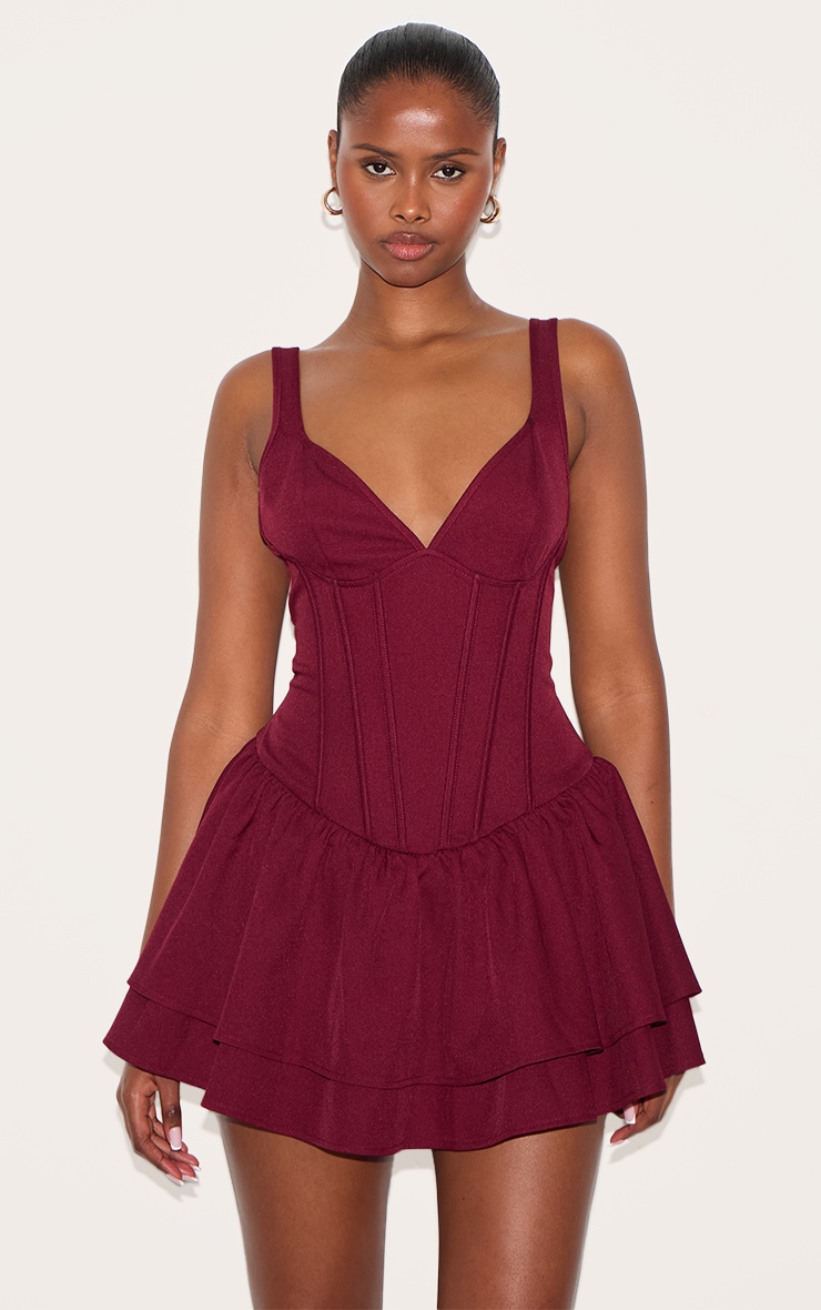 Wine Woven Corset Detail Skater Skort Playsuit image 1