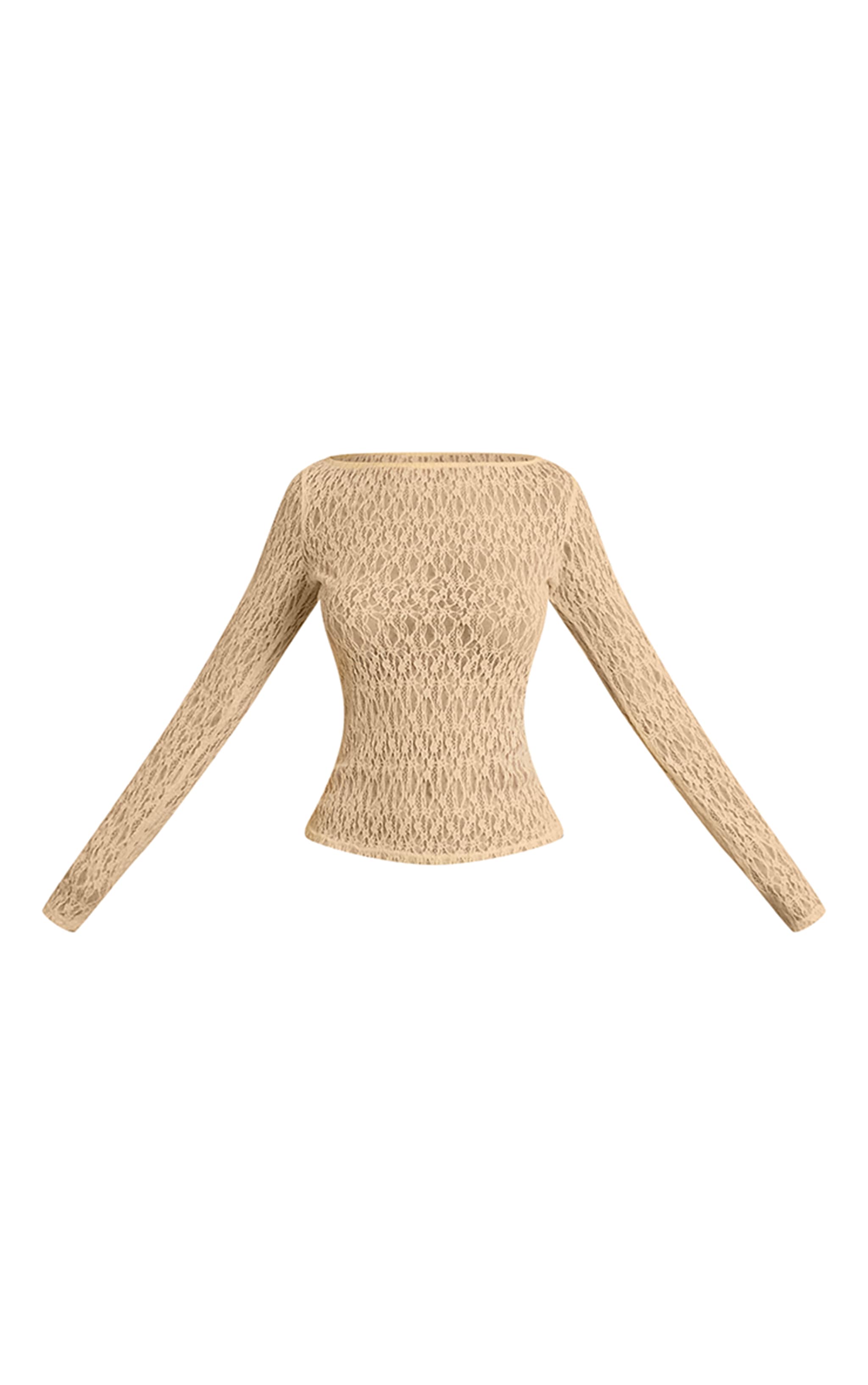 Top citron en dentelle texturée et transparente à col bateau et manches longues. image 5
