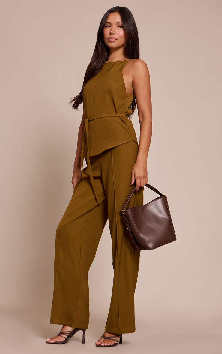Khaki Woven Belt Tied Straight Leg Jumpsuit image 3