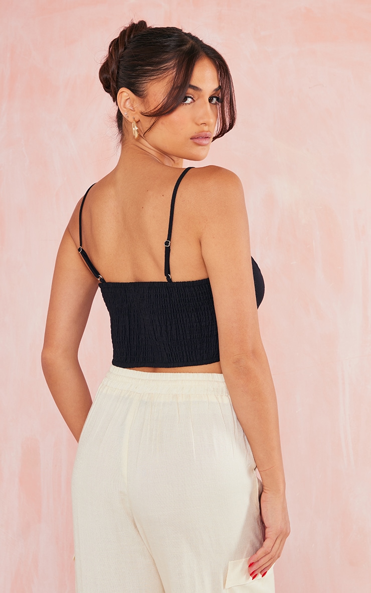 Black Linen Look Strappy Crop Top image 2