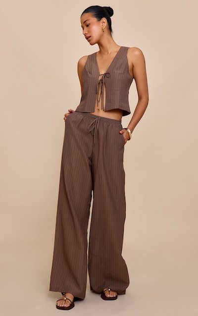 Brown Pinstriped Drawstring Wide Leg Pants