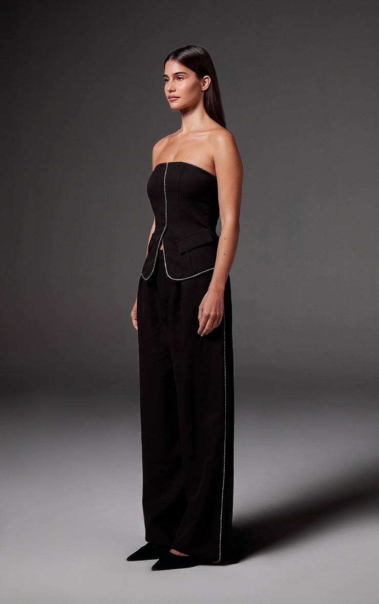 Black Woven Tailored Diamante Trim Wide Leg Pleated Pants image 1