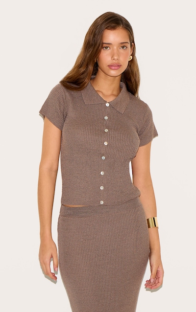 Deep Mocha Filagree Button Through Short Sleeve Top