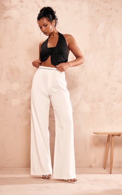 White Fold Over Waistband Tailored Pants