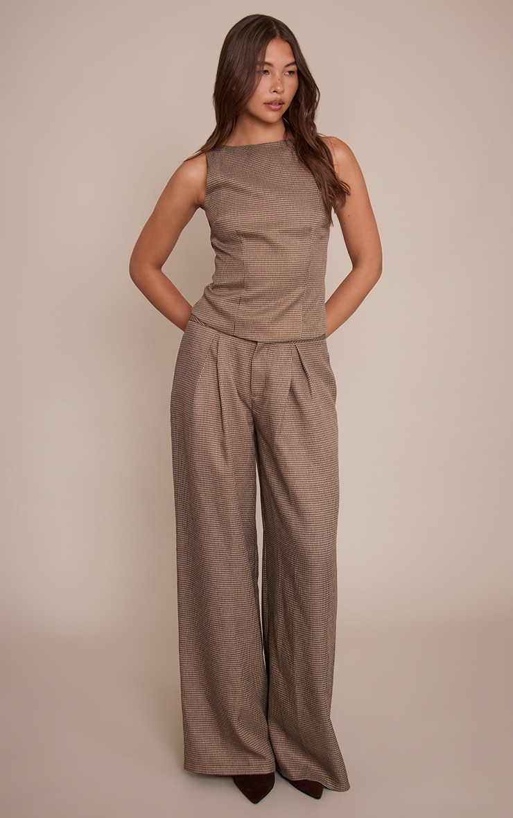 Brown Dogtooth Tailored Woven Wide Leg Pants image 1