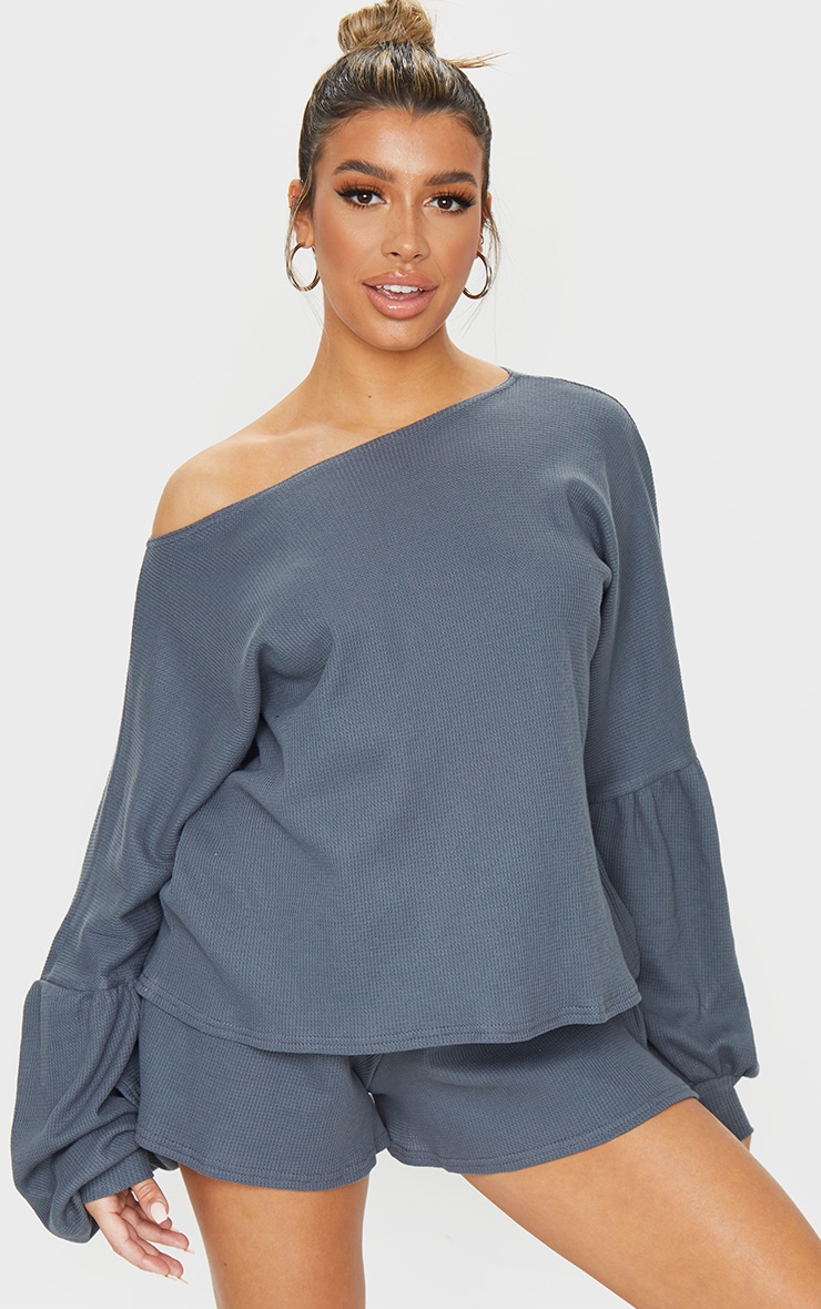 Grey Waffle Knit Crew Neck Balloon Sleeve Sweater