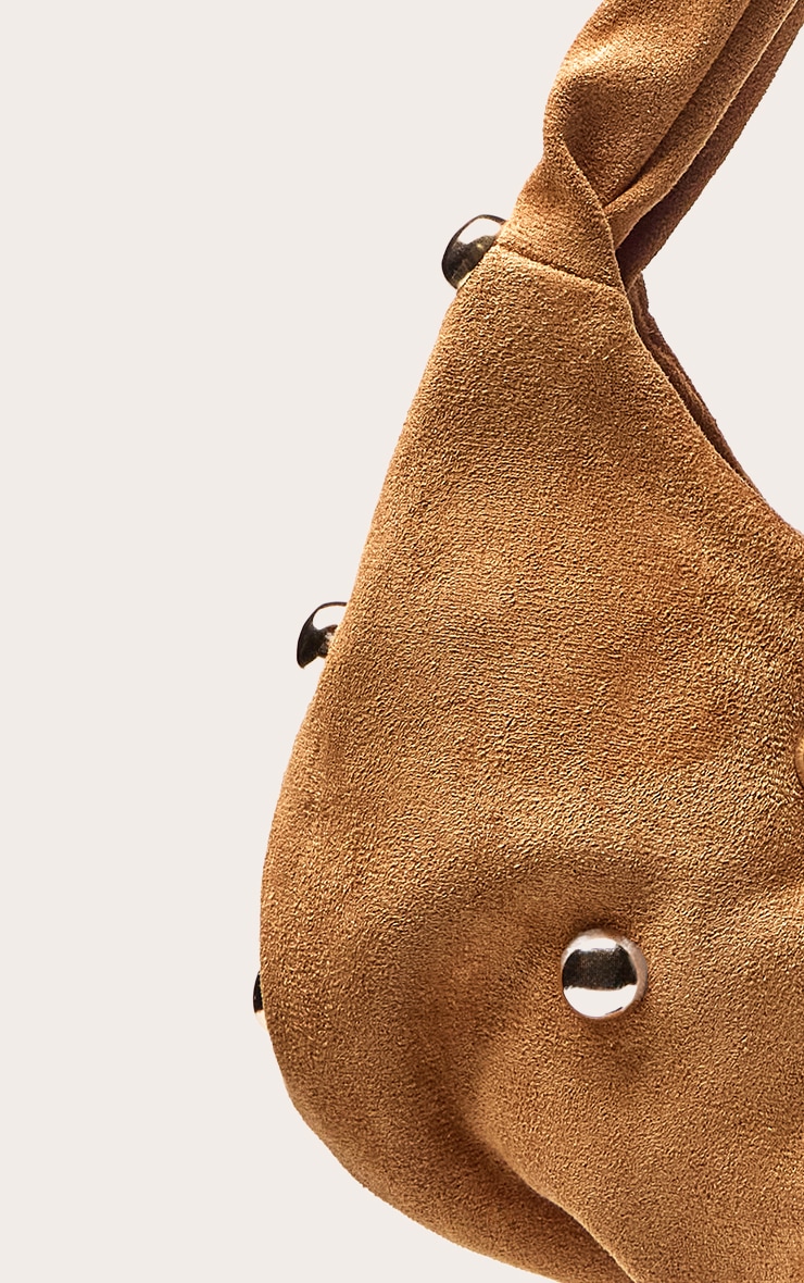 Tan Faux Suede Gold Studded Shoulder Bag image 4