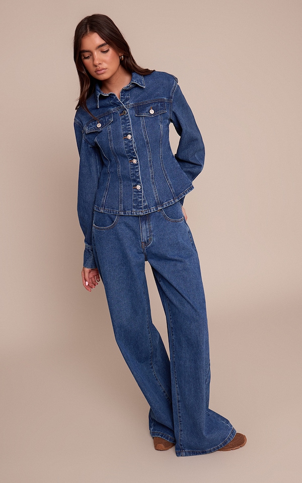 Dark Blue Mid Rise Wide Leg Jeans