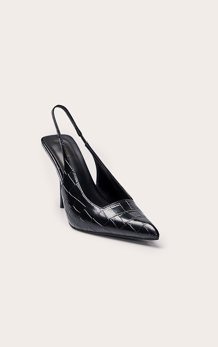 Black Croc Heeled Sling Back Court Shoe image 3