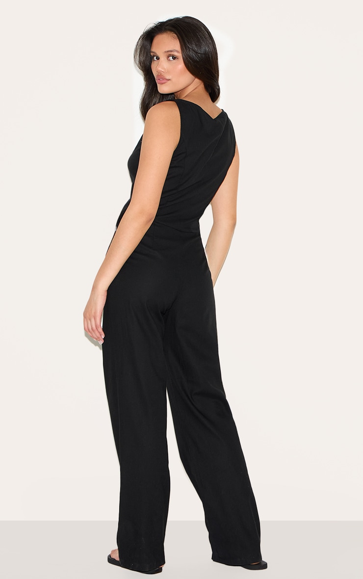 Black Linen Blend Waistcoat Detail Straight Leg Jumpsuit image 2