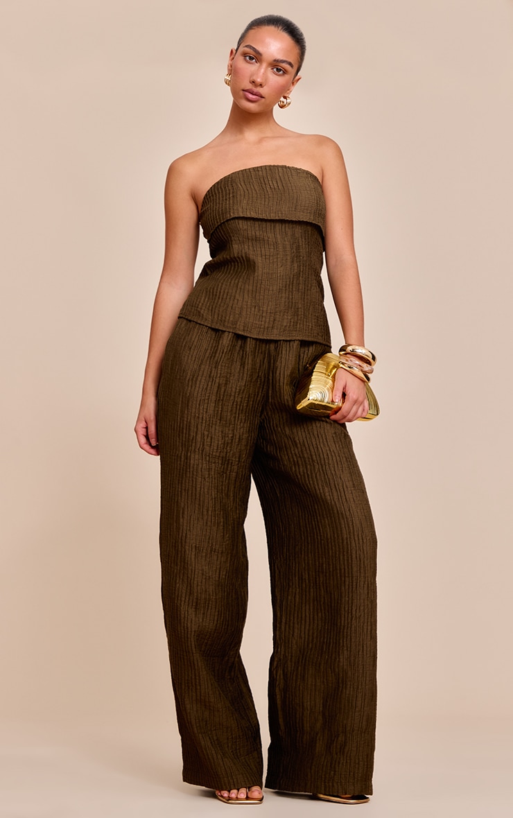Khaki Textured Woven Fold Over Bandeau Top image 3