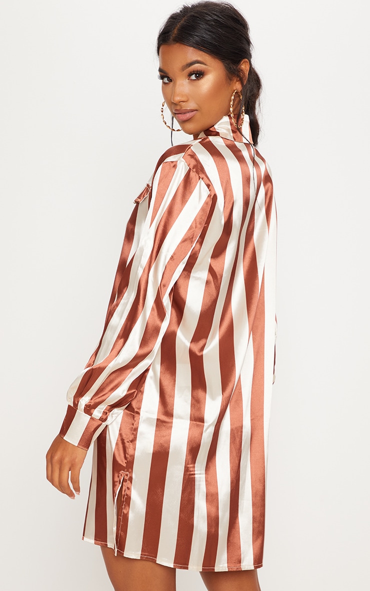 Brown Stripe Print Satin Shirt Dress PrettyLittleThing