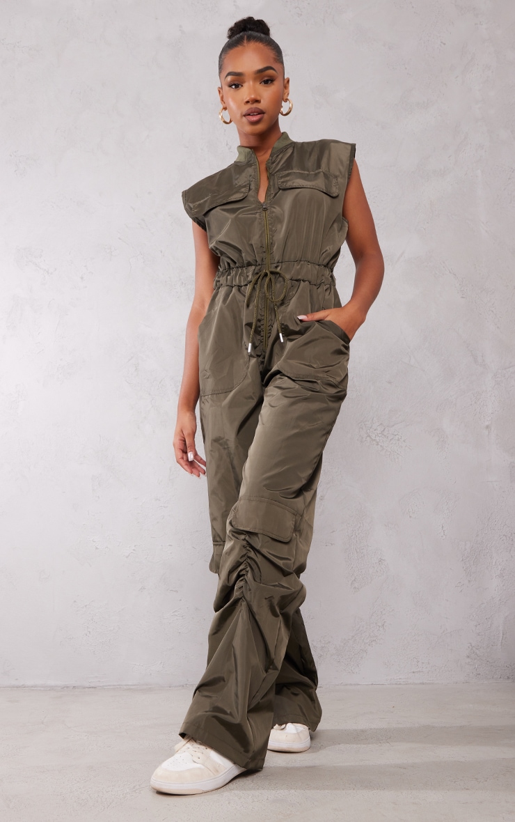 Khaki Ruched Legs Pocket Detail Shell Utility Jumpsuit