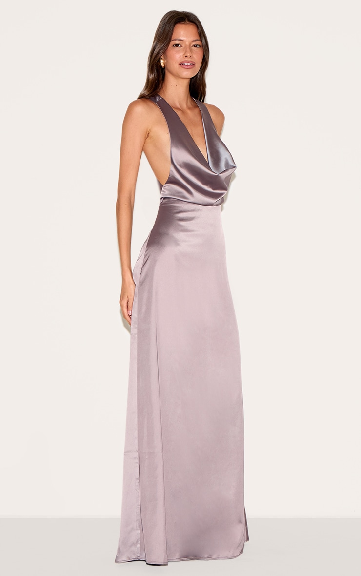 Mushroom Satin Cowl Neck Cross Back Maxi Dress image 3