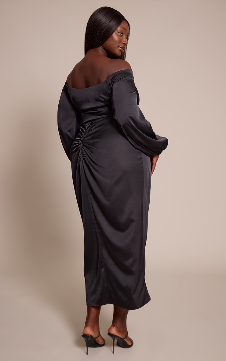 Plus Black Satin Bardot Ruched Side Midi Dress image 2