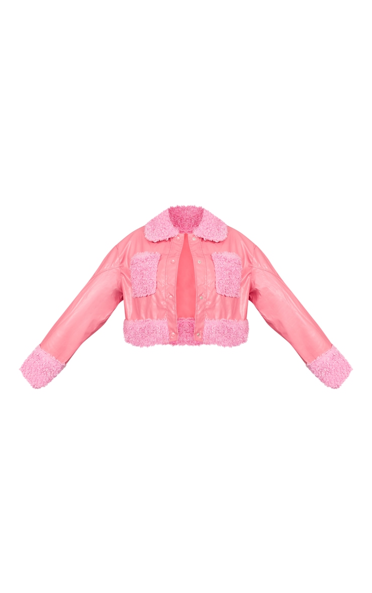 Pink Borg Pocket Front Faux Leather Cropped Coat image 4