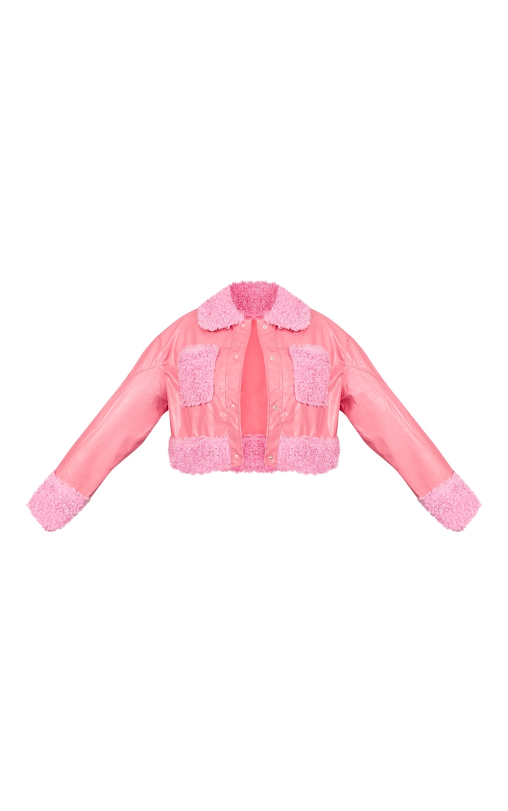  Pink Borg Pocket Front Faux Leather Cropped Coat image 4