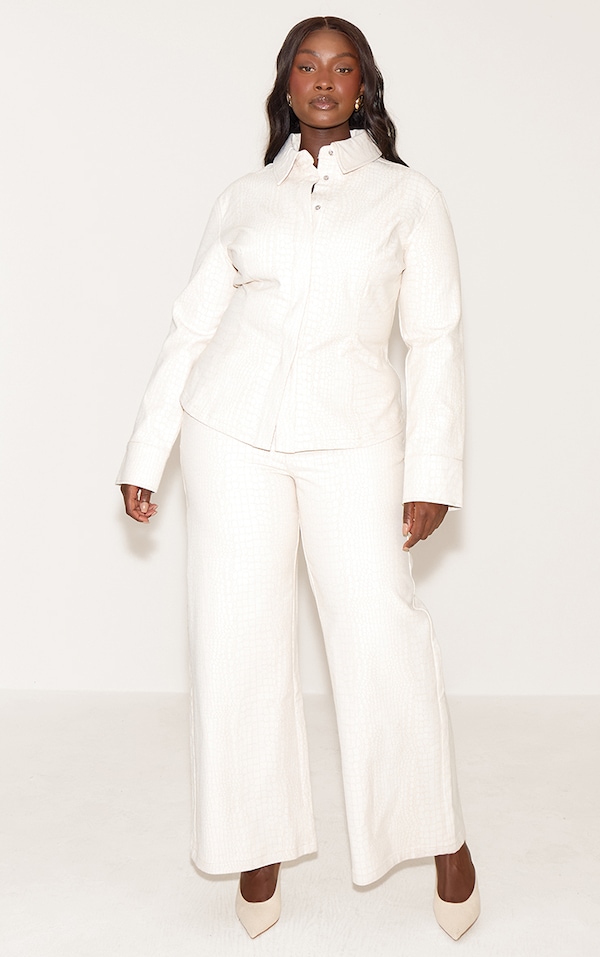 Plus Cream Snake Print Mid Waist Straight Leg Coated Jeans