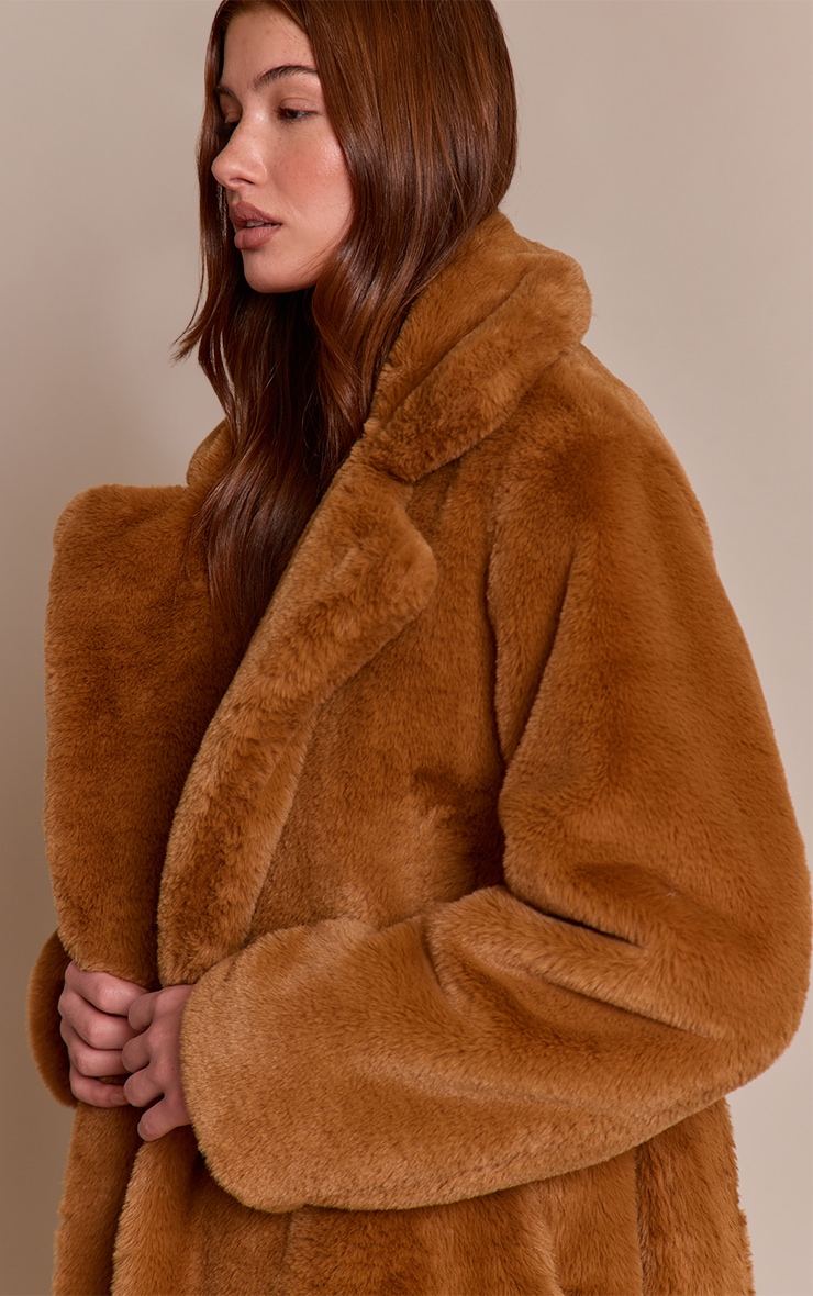 Camel Faux Fur Tie Waist Maxi Coat image 4