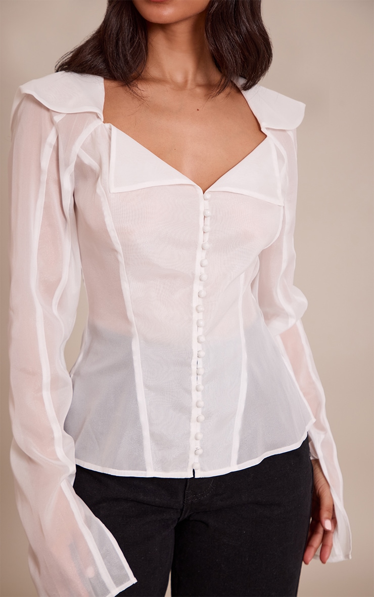 Petite White Button Detail Sheer Long Sleeve Top image 4