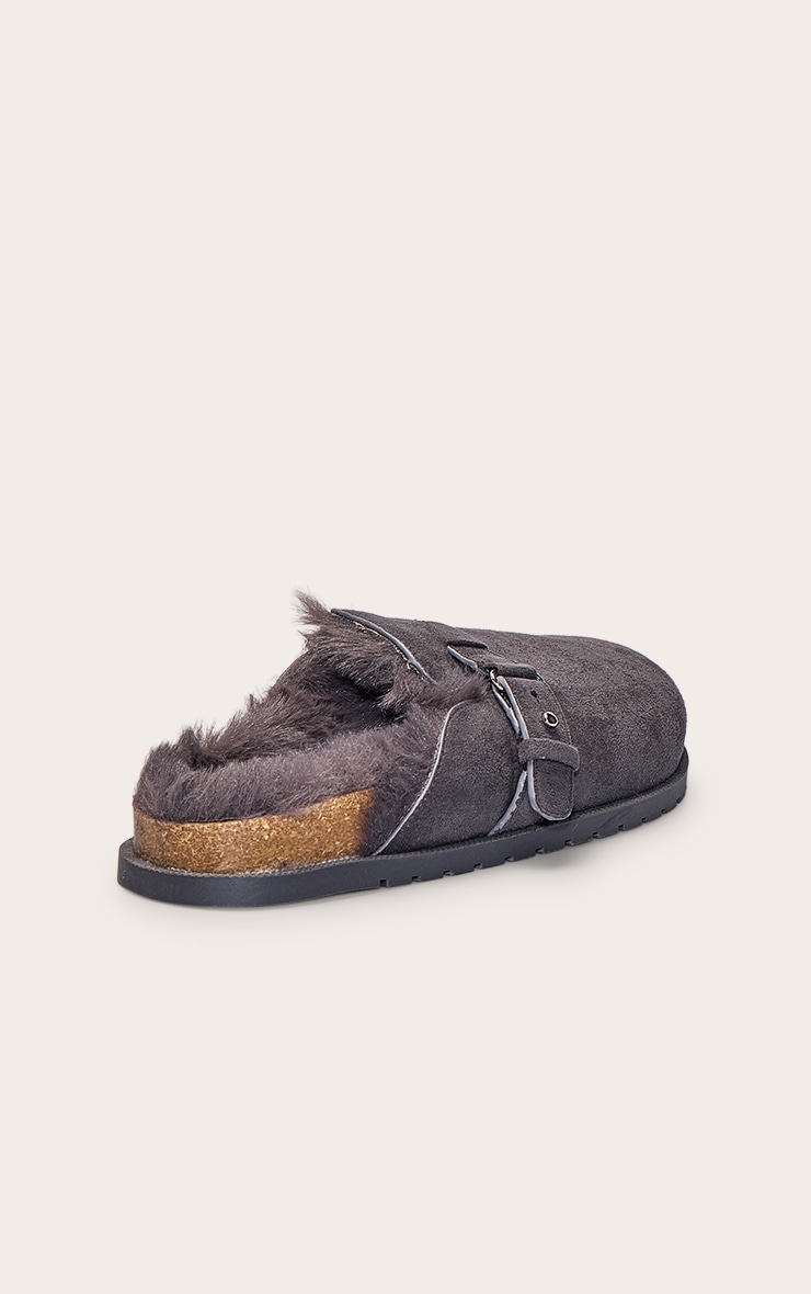 Charcoal Faux Suede Faux Fur Lined Buckle Mules image 4