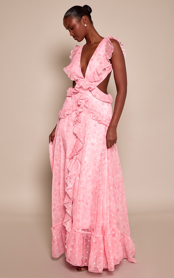 Pink Floral Plunge Frill Maxi Dress image 3