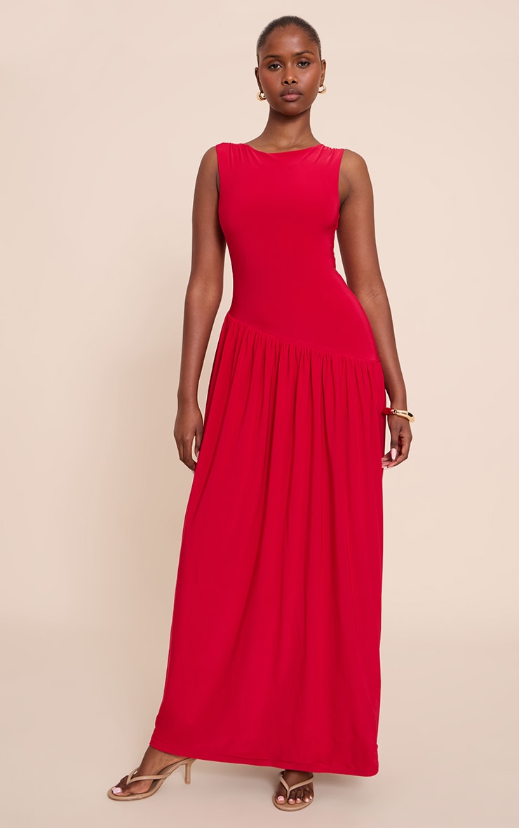 Red Double Layer Soft Touch Asymmetric Dropped Waist Maxi Dress image 3
