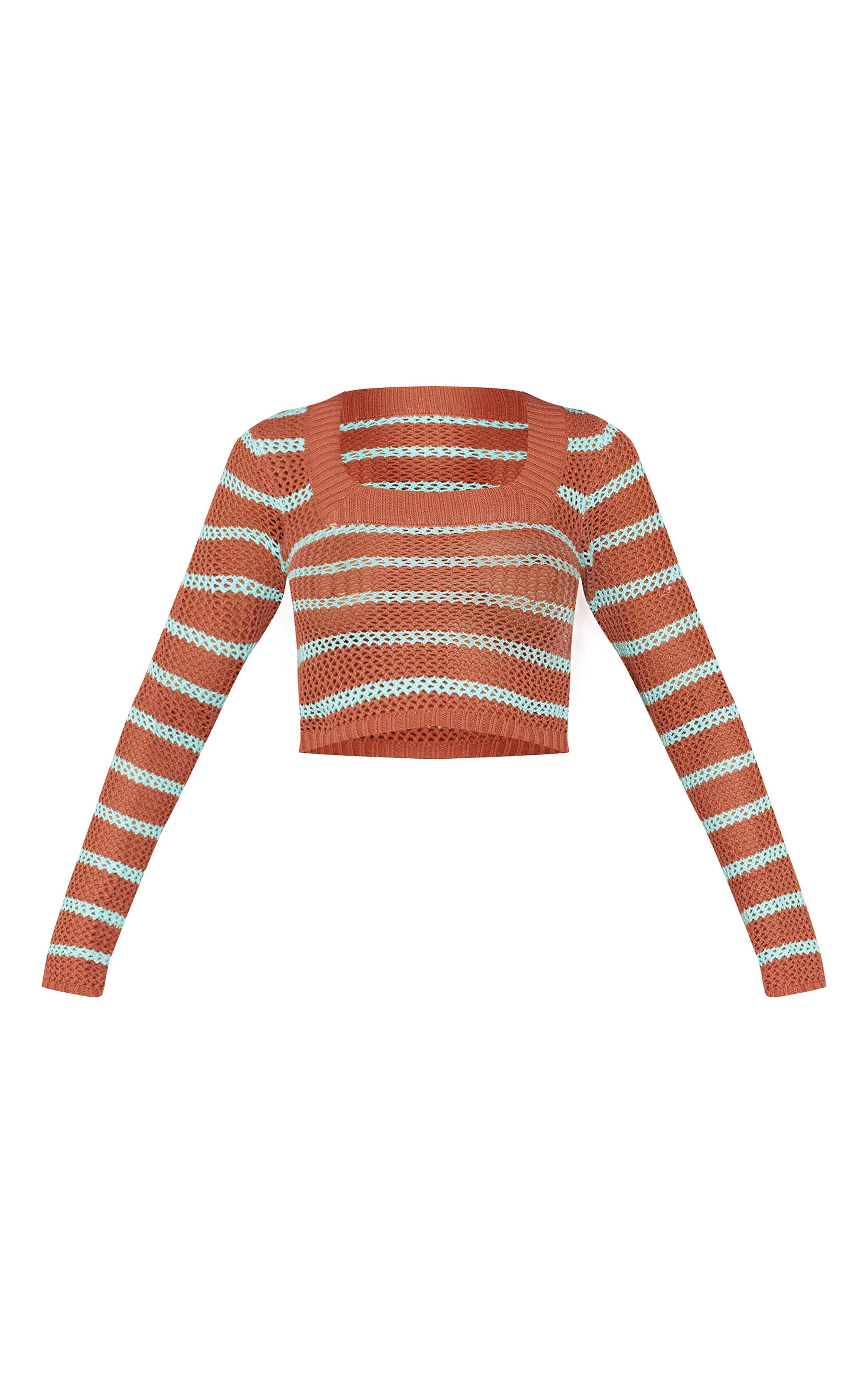 Mocha Stripe Crochet Knit Square Neck Long Sleeve Top image 5