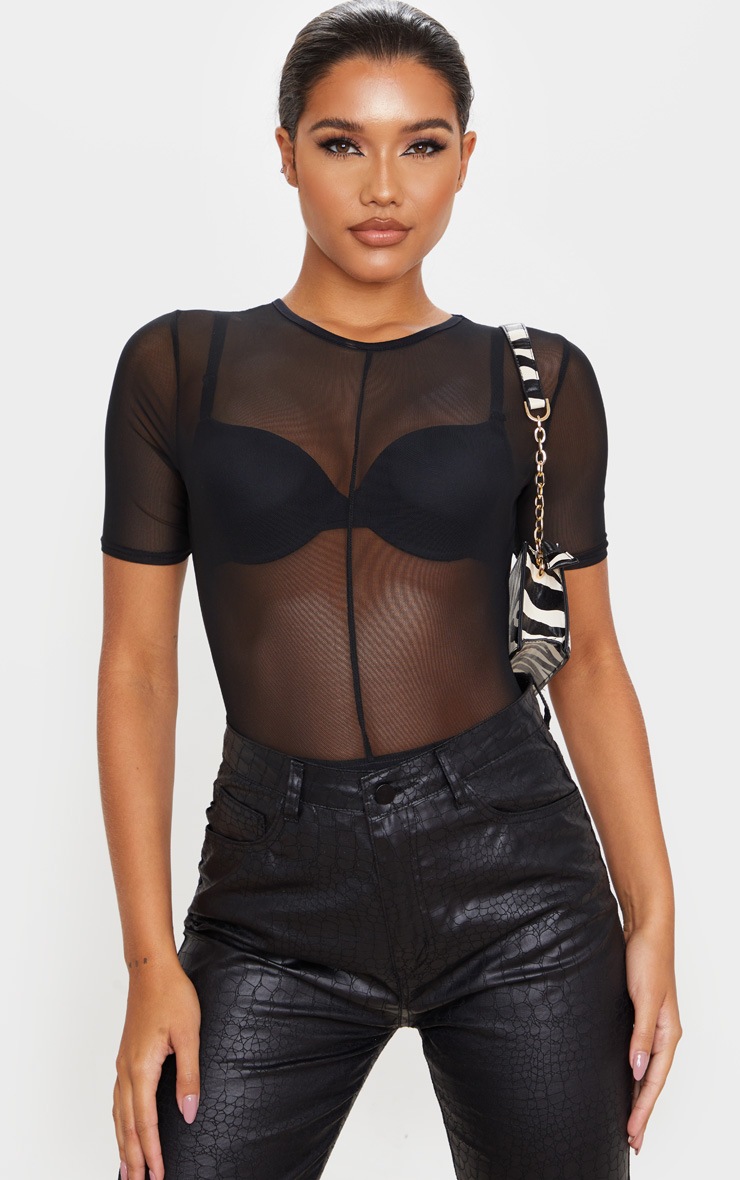 Body en mesh transparent noir à manches courtes