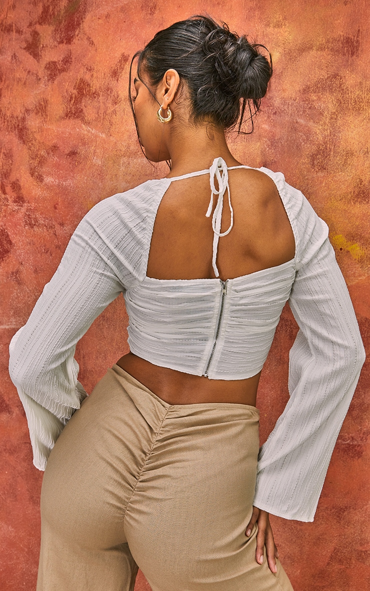 White Woven Pleated Triple Ring Detail Halter Crop Top image 2
