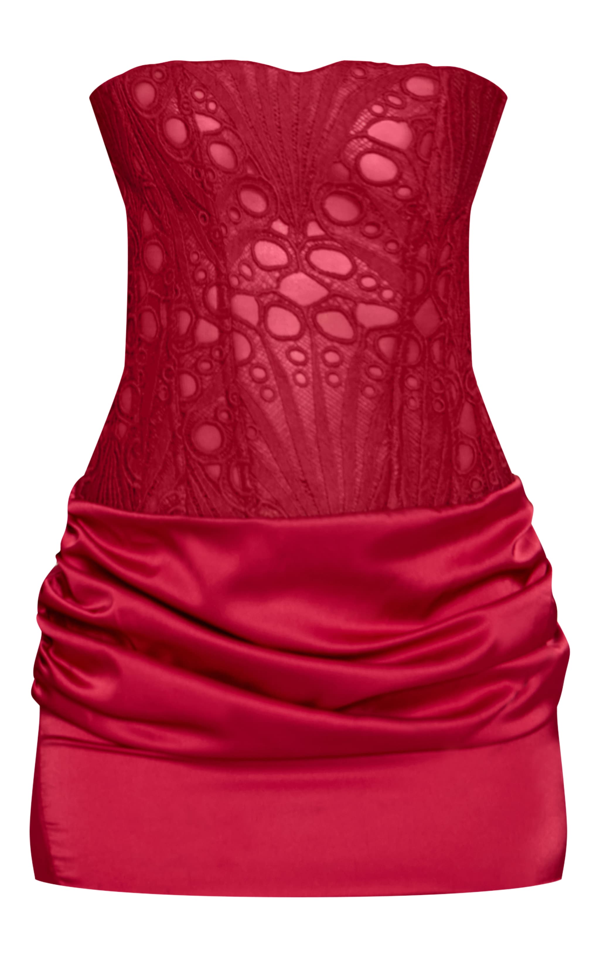 Mini robe satinée bordeaux froncée à détail corset image 5