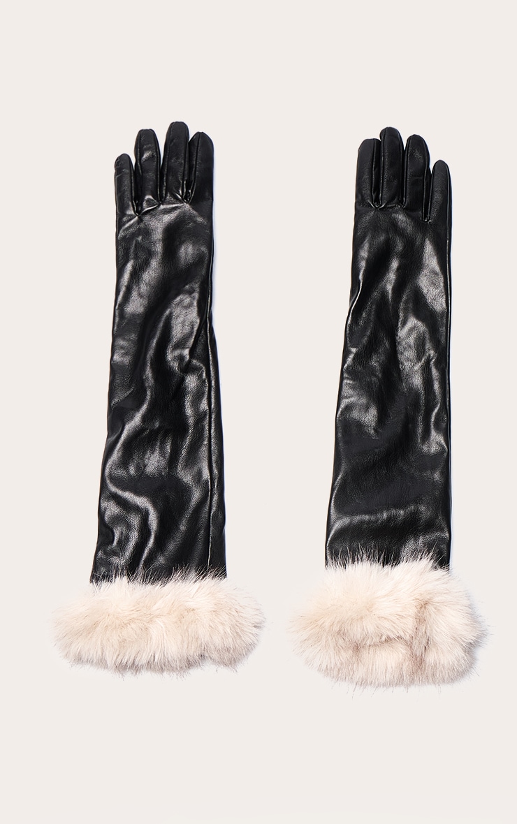 Black Contrast Full Length Fur Trim Gloves image 2