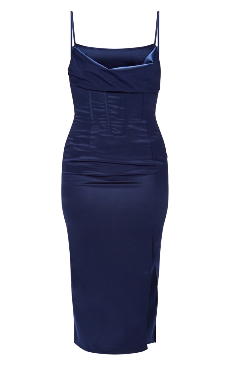 Navy Draped Cowl Satin Strappy Midi Dress image 1