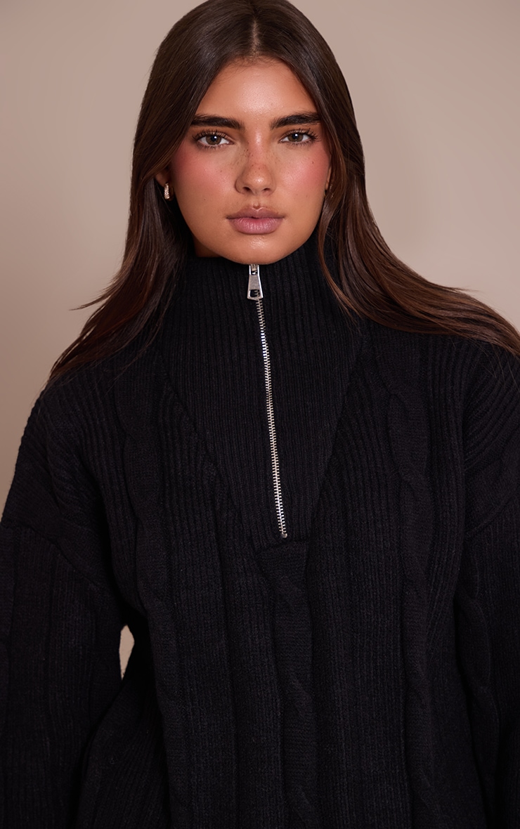 Black Zip Detail Cable Knit Oversized Sweater image 4