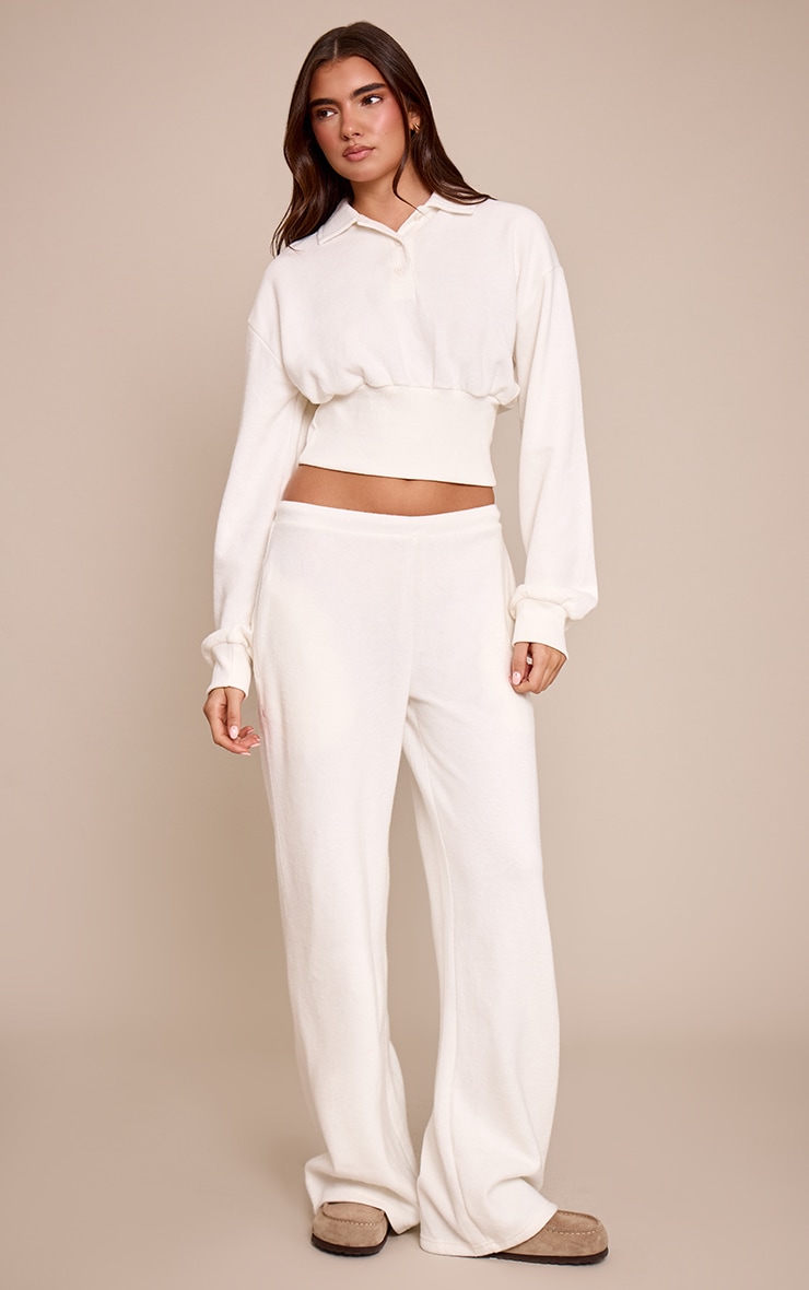 Cream Brushed Rib Cinched Waist Balloon Sleeve Polo Top image 3