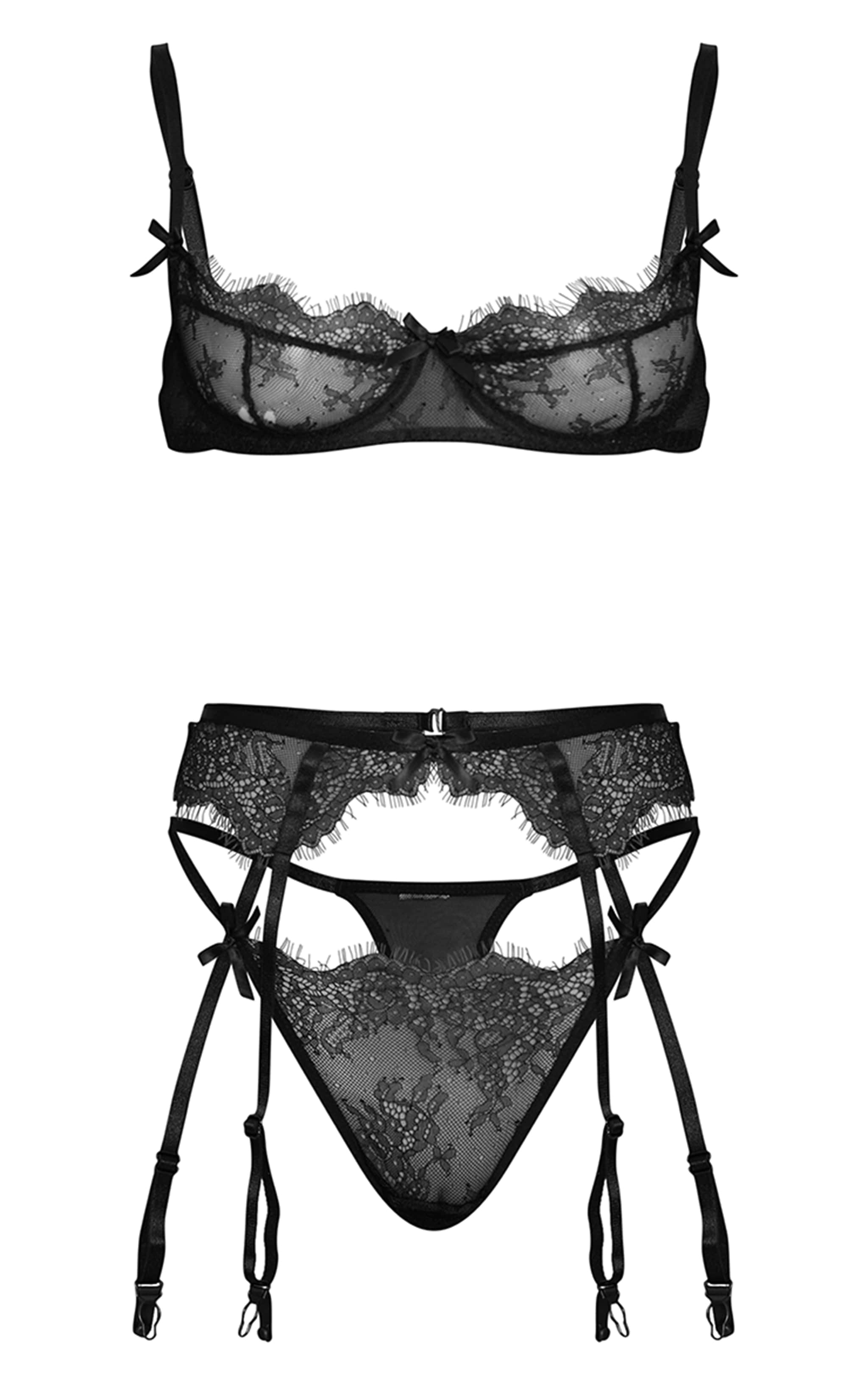 Black Eyelash Lace 3 Piece Bow Lingerie Set image 5