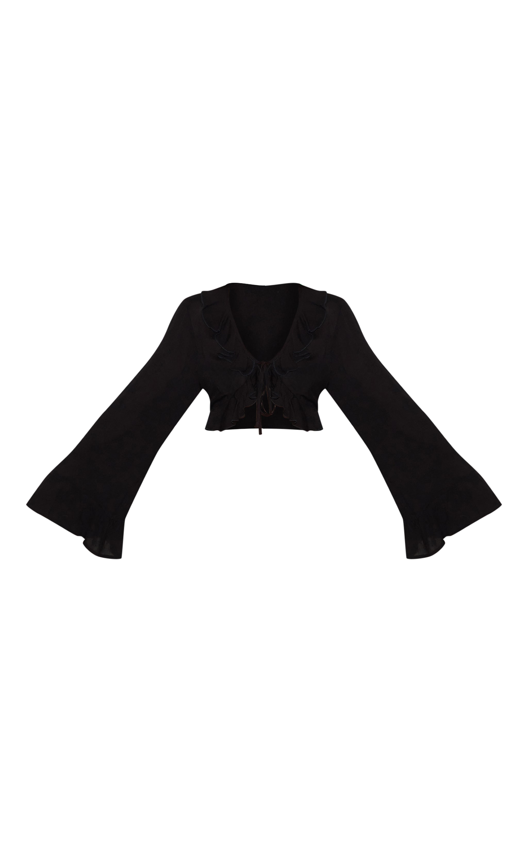 Black Cheesecloth Ruffle Tie Front Long Sleeve Top image 5