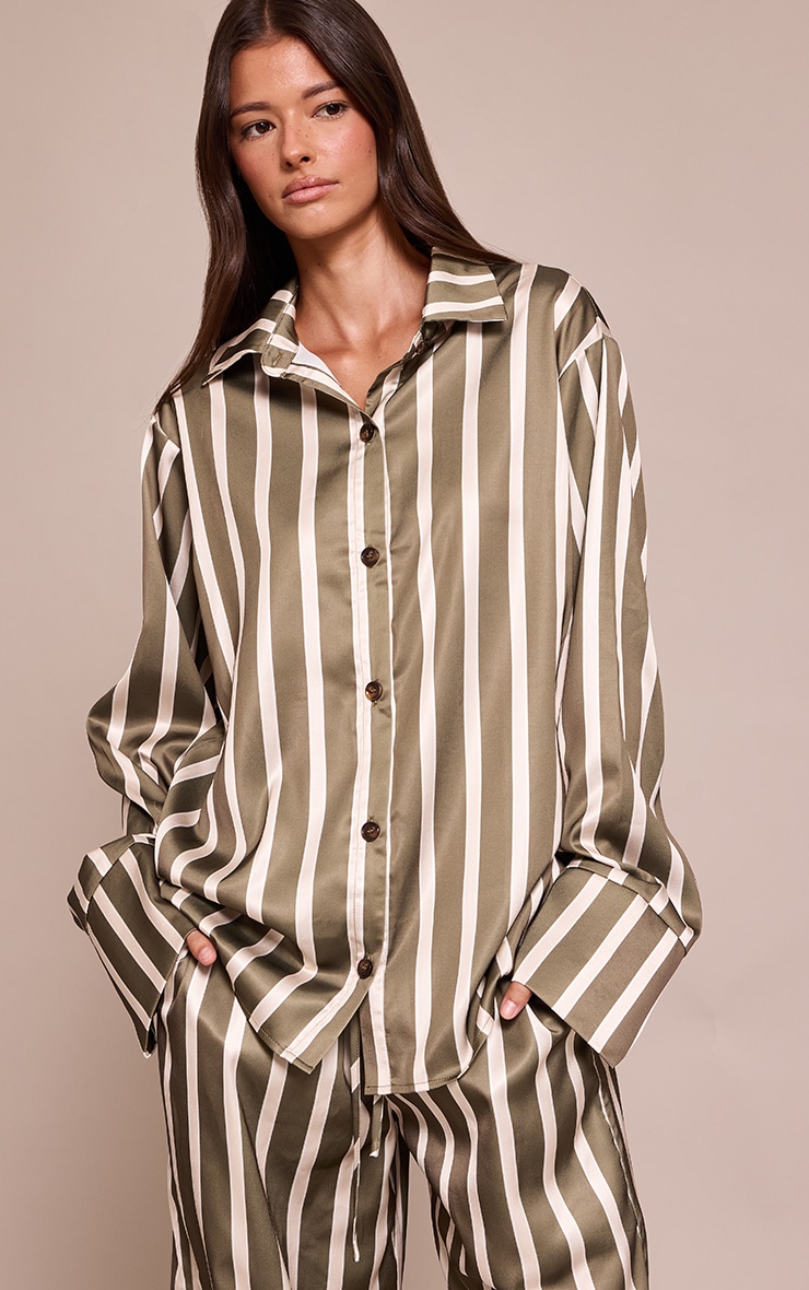 Khaki Satin Pinstripe Shirt image 4