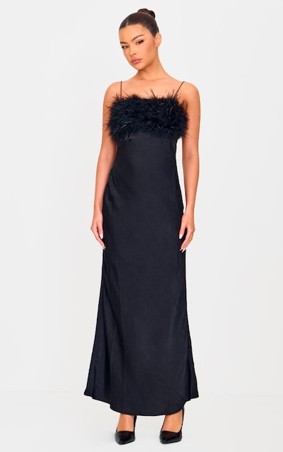 Black Satin Feather Bust Detail Maxi Dress
