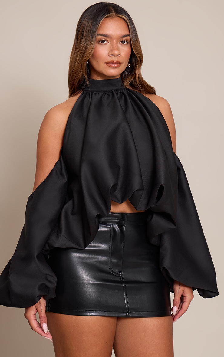 Shape Black Cold Shoulder Puffball Halterneck Top image 1