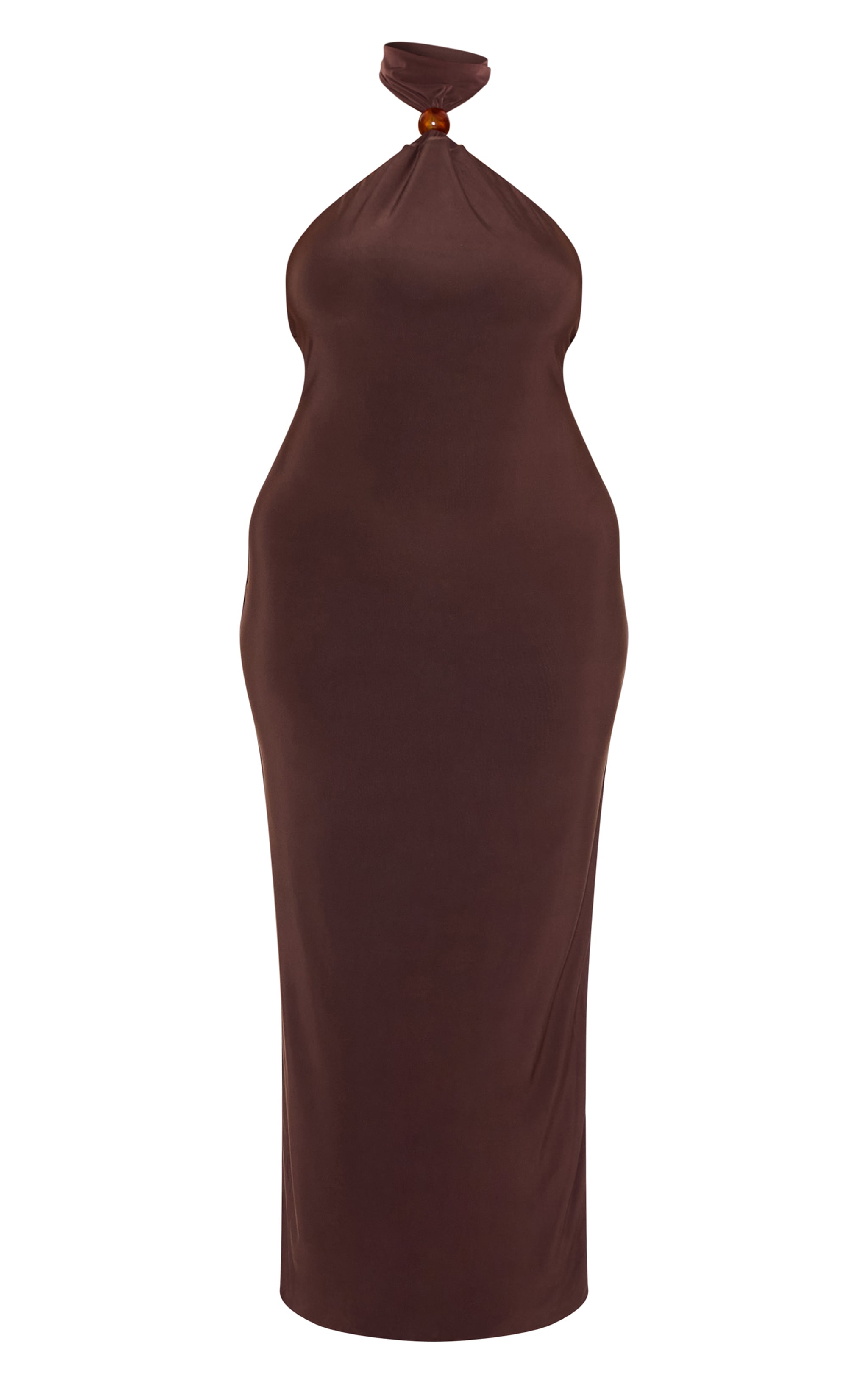 Plus Dark Chocolate Slinky Bead Detail Halter Maxi Dress image 5